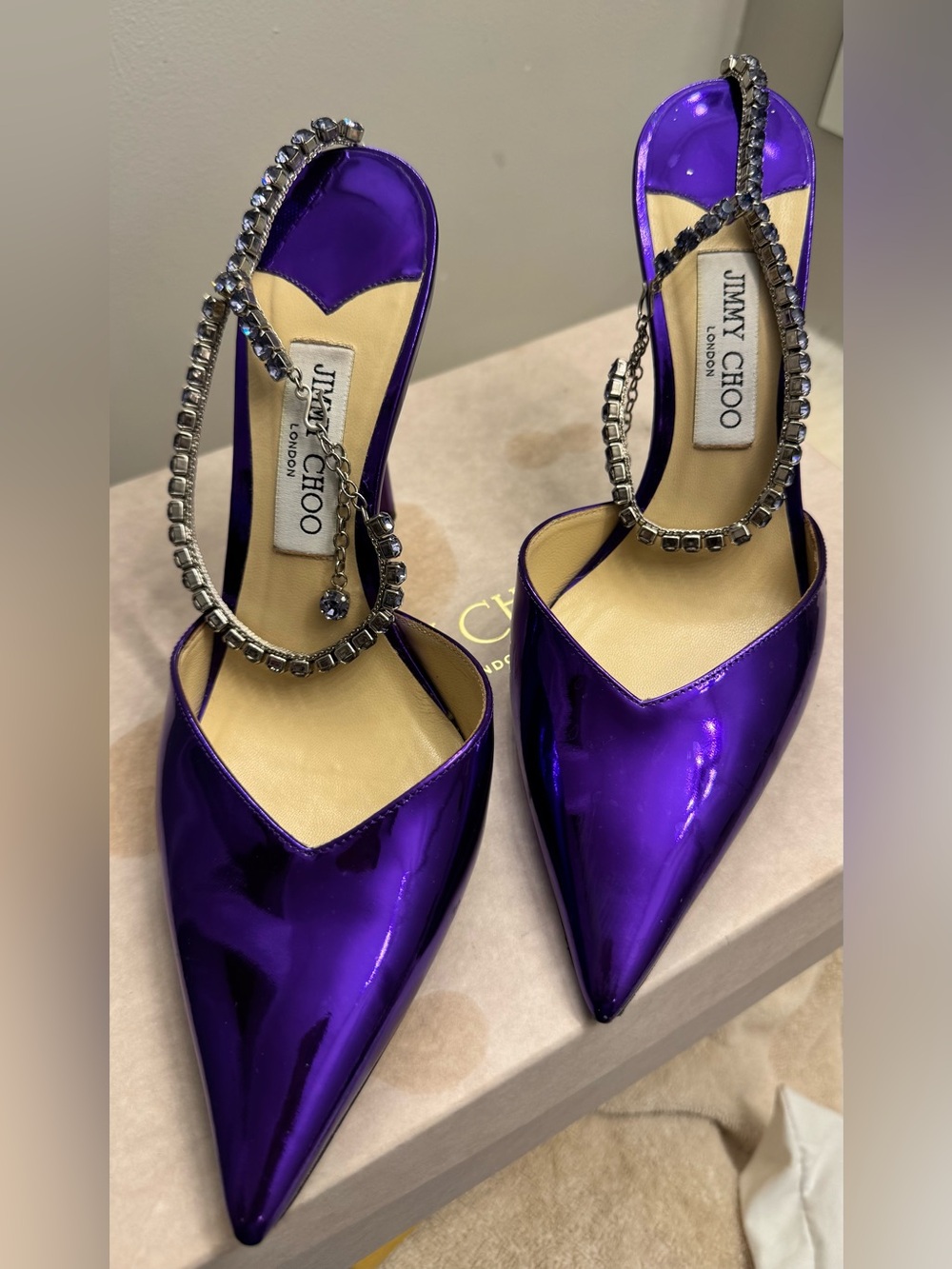 Jimmy Choo Metallic Purple Pointed-Toe Slingback Heels with Crystal Strap